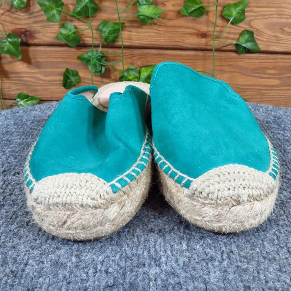 J. Crew AY314 Womens Suede Espadrille Mules 7.5 Summer Slip On Teal Green